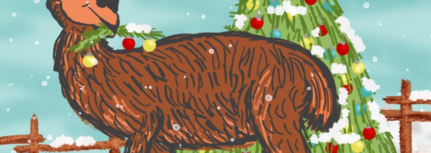 stylized llama eating a decorated Christmas branch