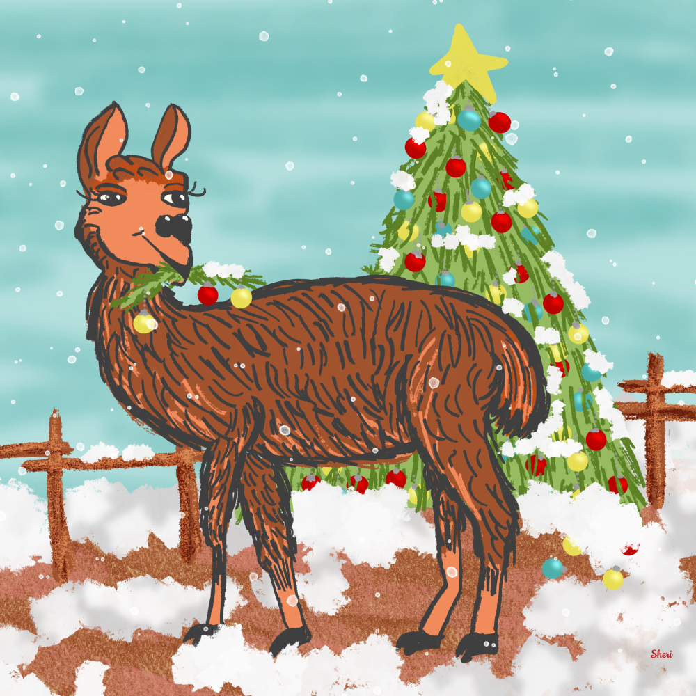 stylized llama eating a decorated Christmas branch