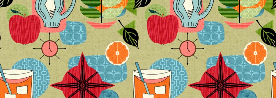 midcentury stylized pattern getting ready for new years with orange drink, pitcher, clock, oranges, foliage, apple, shapes, most in midcentury patterns