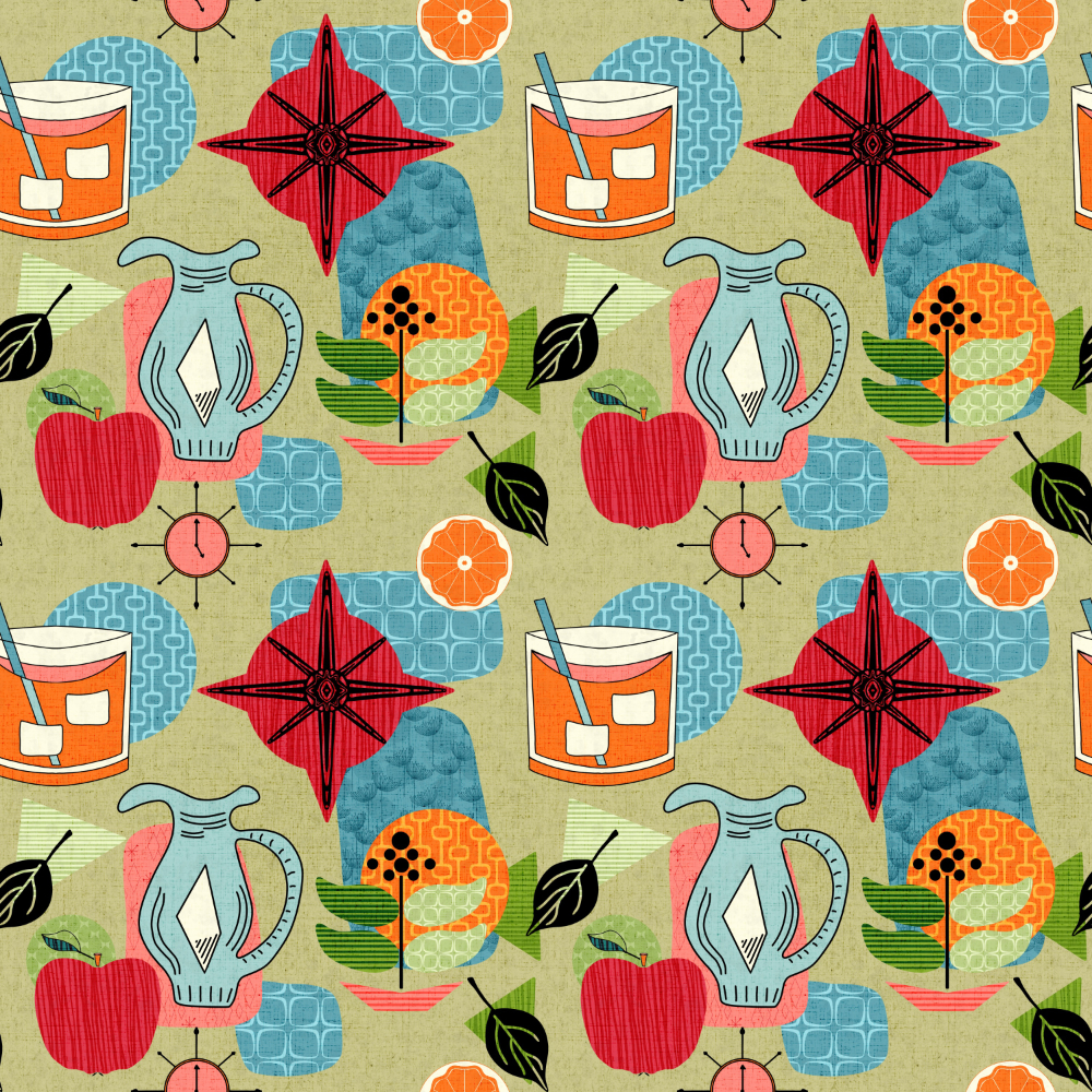 midcentury stylized pattern getting ready for new years with orange drink, pitcher, clock, oranges, foliage, apple, shapes, most in midcentury patterns