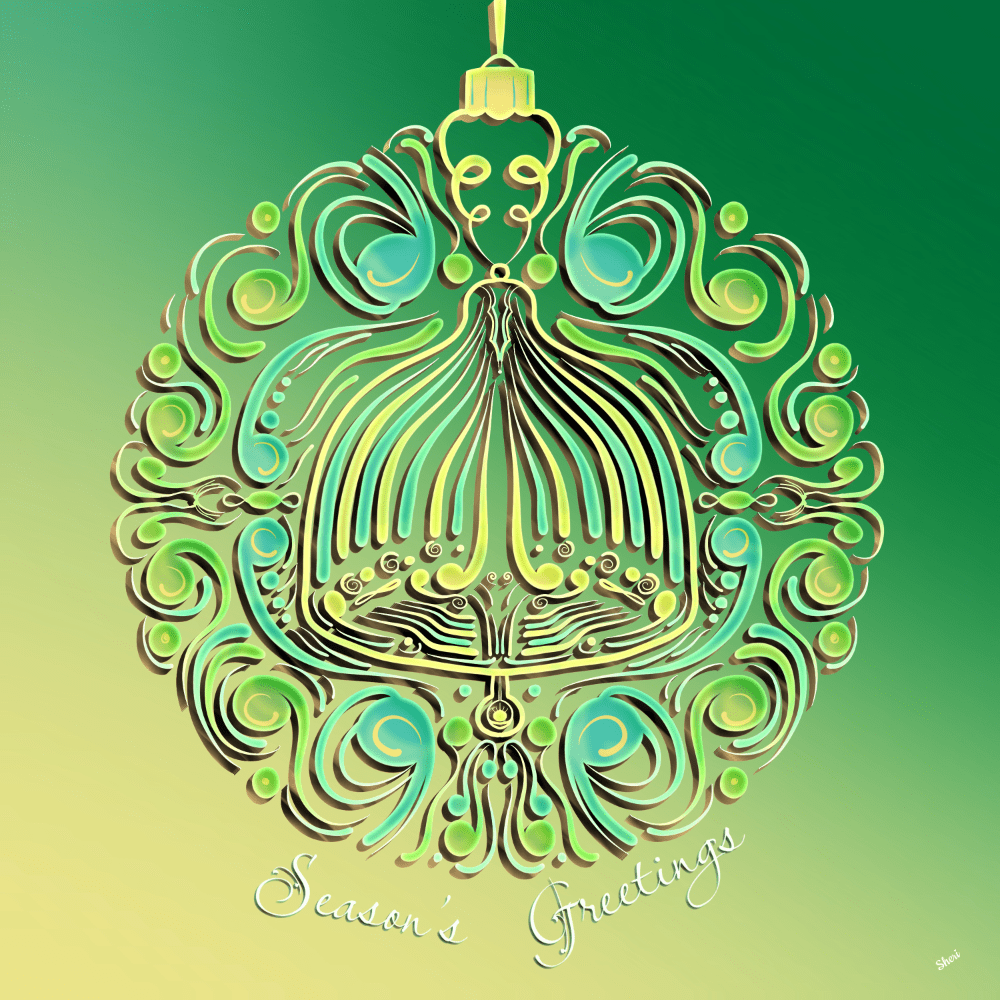 green, yellow, blue holiday ornament with Season's Greetings