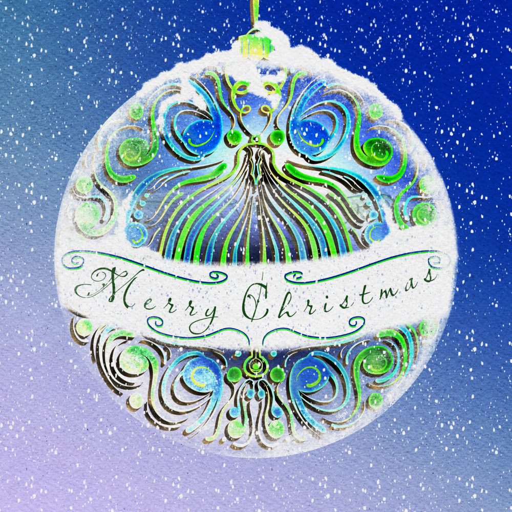 Merry Christmas on frosted and snowy green, blue holiday glass ornament in snowfall