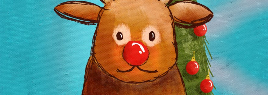 stylized Rudolph with an evergreen limb and red ornament in his antlers standing wide-eyed in front of a Christmas tree of red ornaments.