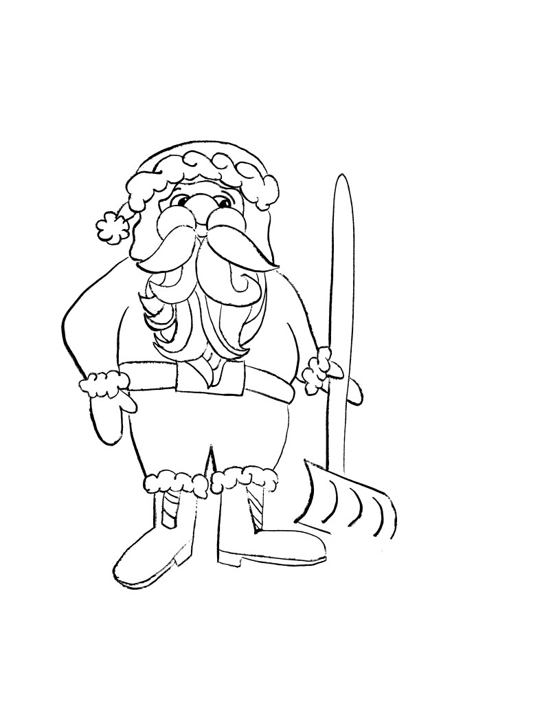 sketch of Stylized Santa shoveling snow in his red and green sweater outfit with the “jolly” belt buckle saying, “I don’t know about “jolly,” but I’m too old for this. Where are those elves?”