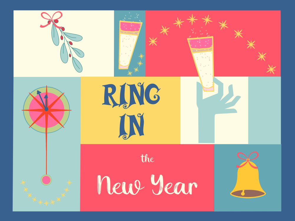 retro, flat mid-century style new year illustration in squares and rectangles of winter colors with mistletoe, sparkling glasses, and clock, hand holding sparkling glass, bell, with “ring in the new year”