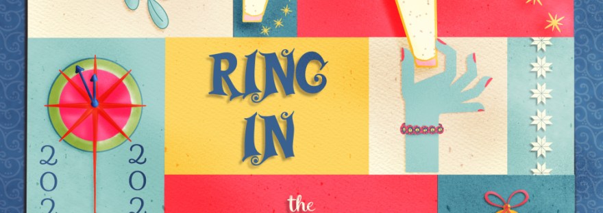 retro, textured mid-century style new year illustration in squares and rectangles of winter colors with mistletoe, sparkling glasses, and clock moving from 2022 to 2023, hand holding sparkling glass, bell, with “ring in the new year” and a chain of Scandinavian stars