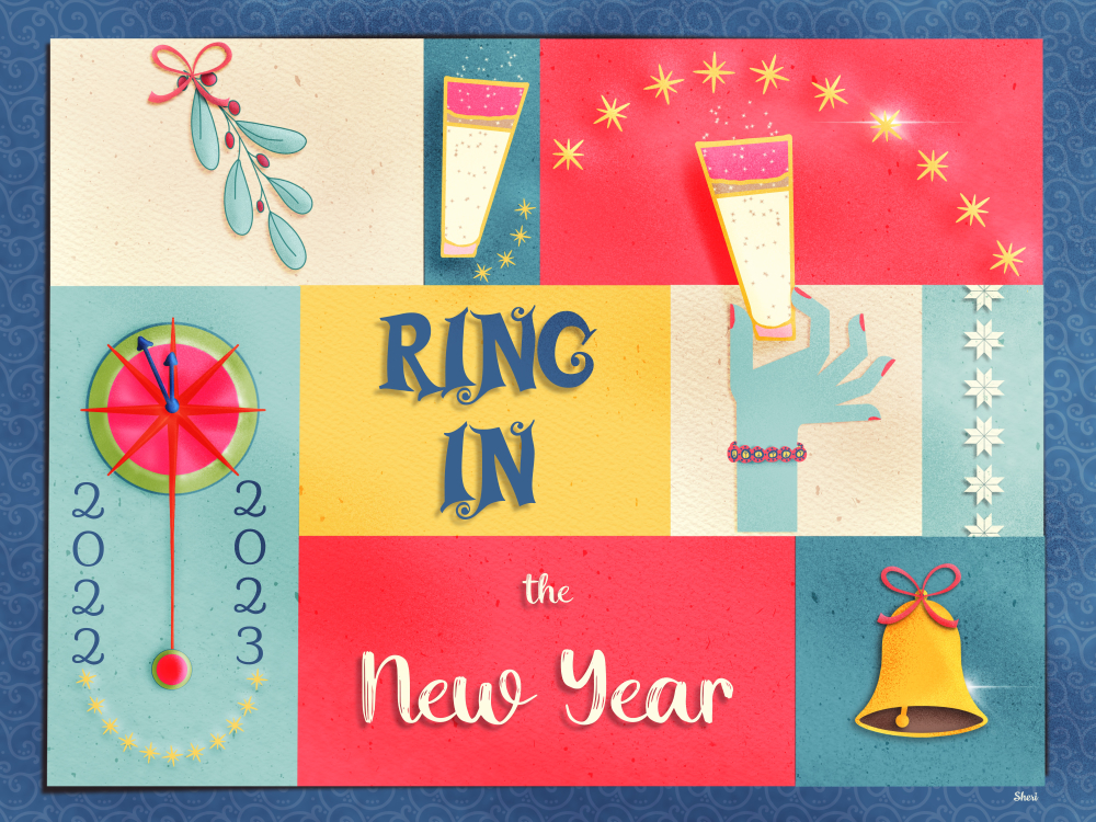 retro, textured mid-century style new year illustration in squares and rectangles of winter colors with mistletoe, sparkling glasses, and clock moving from 2022 to 2023, hand holding sparkling glass, bell, with “ring in the new year” and a chain of Scandinavian stars