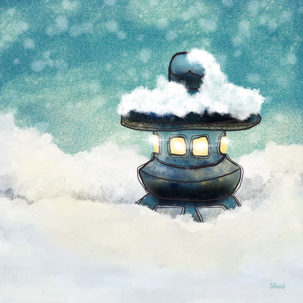 Ishidoro lantern glowing in the snow