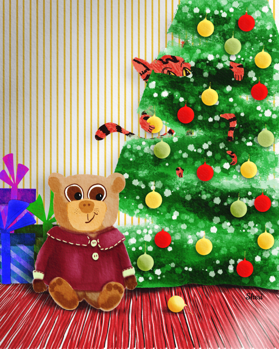 stylized illustration of orange striped cat in Christmas tree collecting yellow ornaments while the teddy bear grins in front of gifts.