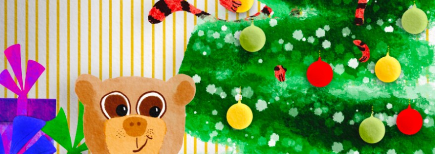 stylized illustration of orange striped cat in Christmas tree collecting yellow ornaments while the teddy bear grins in front of gifts.