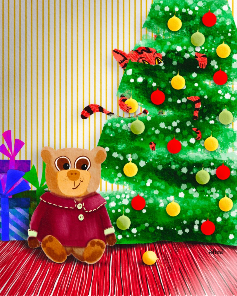 stylized illustration of orange striped cat in Christmas tree collecting yellow ornaments while the teddy bear grins in front of gifts.