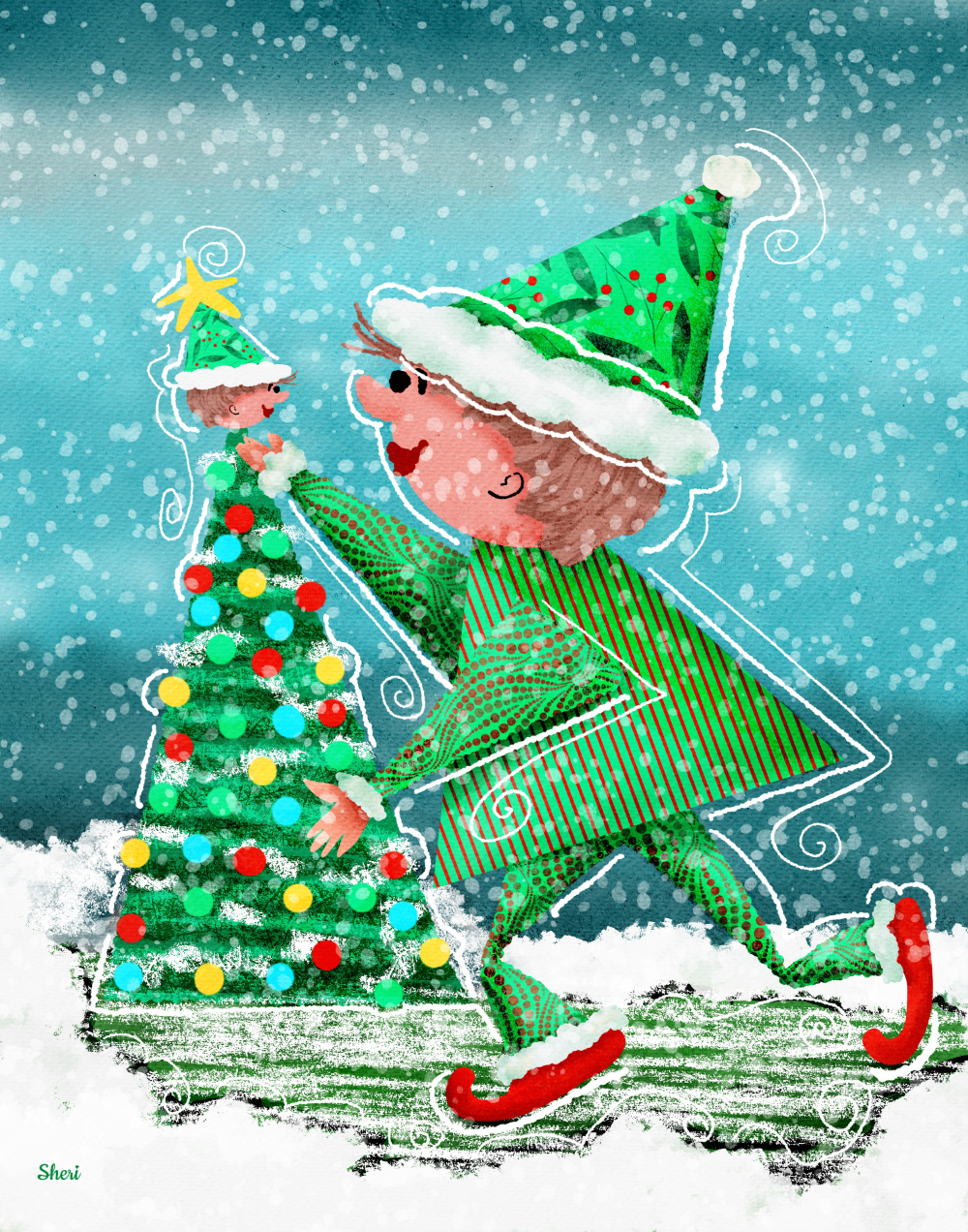 Stylized elf places an elf-star on a decorated Christmas tree during a snowfall