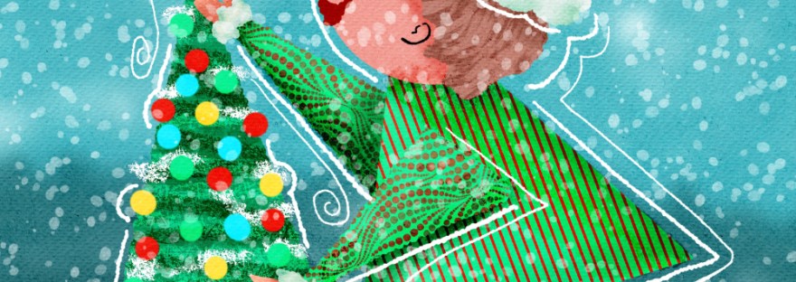 Stylized elf places an elf-star on a decorated Christmas tree during a snowfall