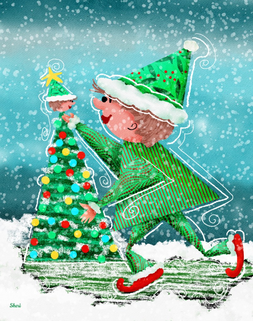 Stylized elf places an elf-star on a decorated Christmas tree during a snowfall