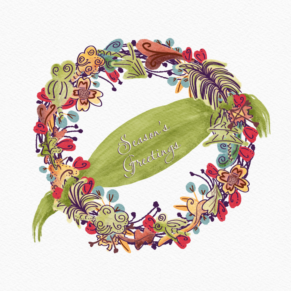 wreath of green, orange, yellow, red, magenta, teal