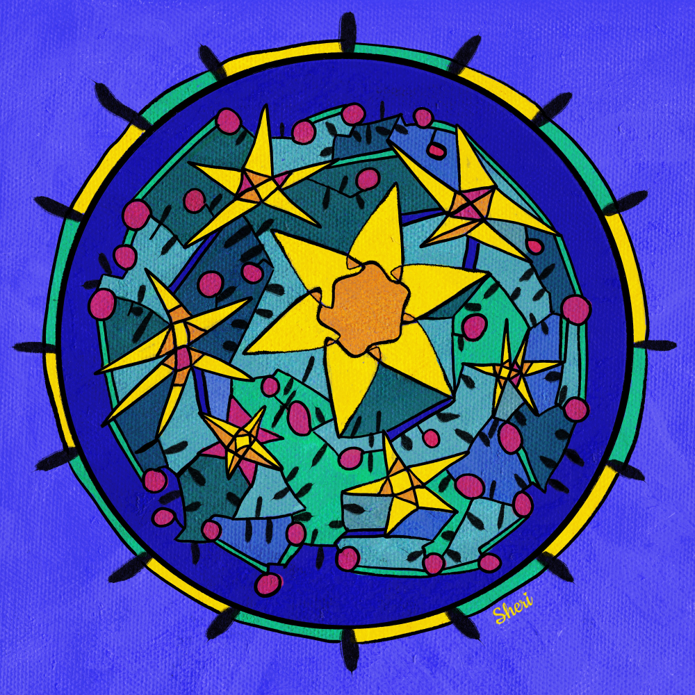 A circle enclosing geometric stars and shapes including berries in yellows, orange, reds, and shades of blue and green on a purple background