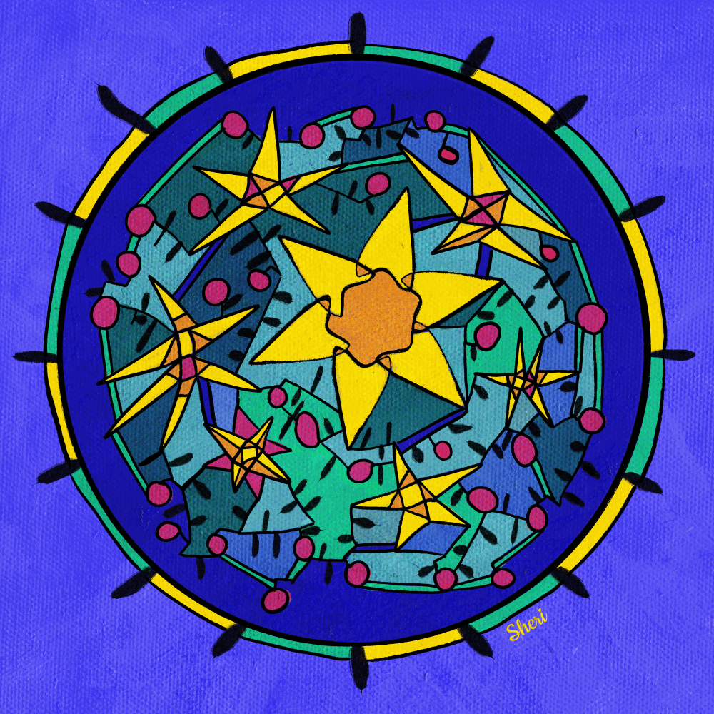A circle enclosing geometric stars and shapes including berries in yellows, orange, reds, and shades of blue and green on a purple background