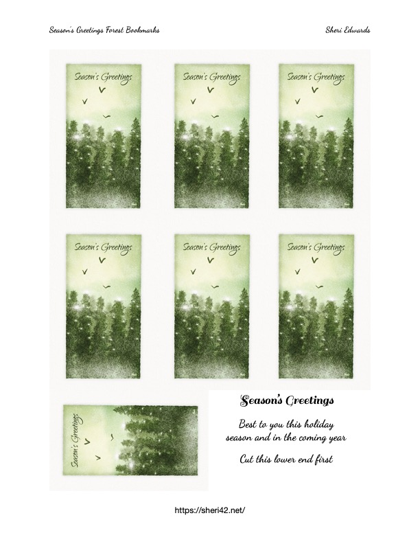 bookmark for Watercolor of evergreen forest in misty snow with twinkles of lights in the pine branches and Season’s Greetings as title