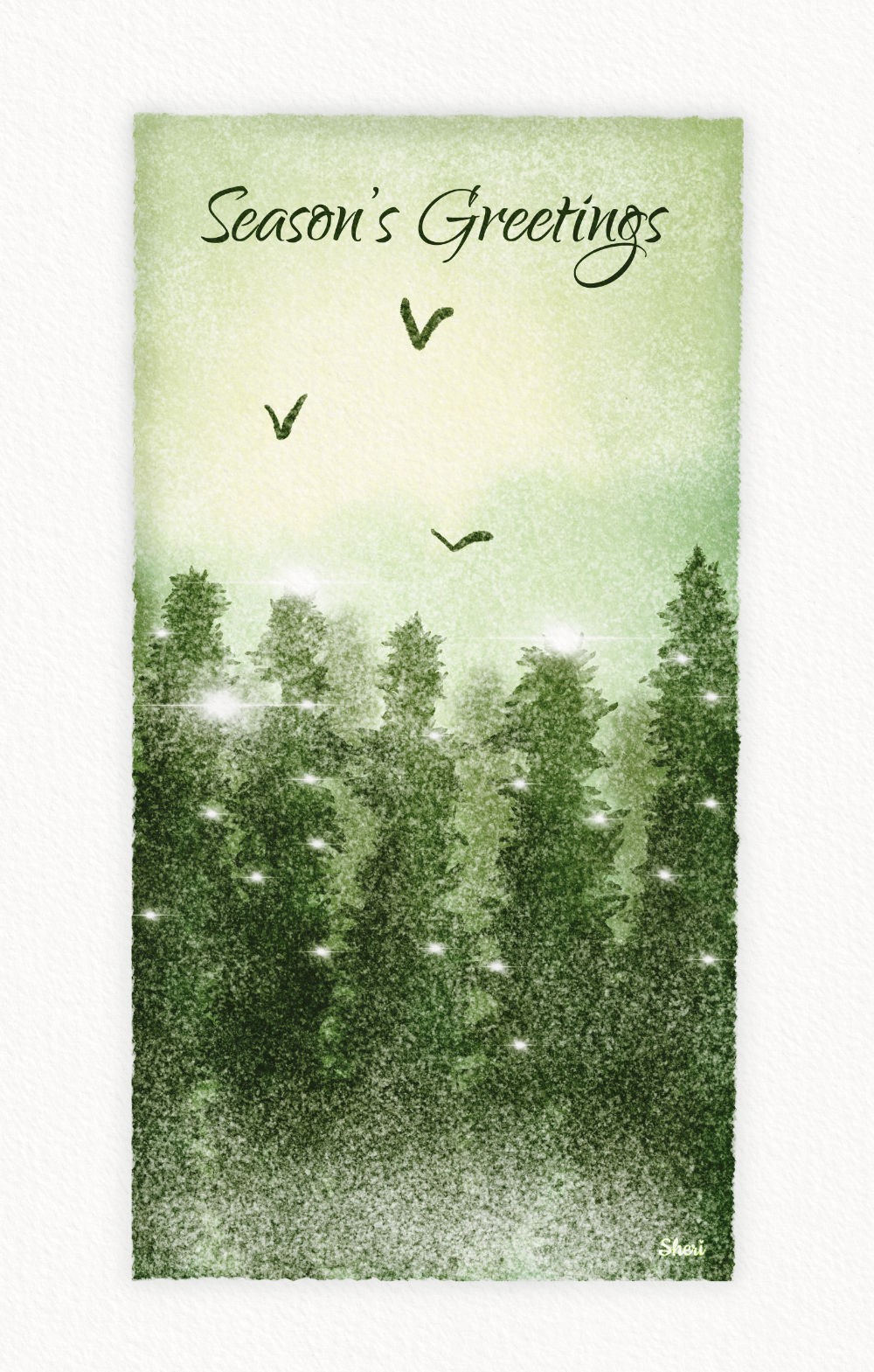 Watercolor of evergreen forest in misty snow with twinkles of lights in the pine branches and Season’s Greetings as title