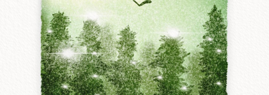 Watercolor of evergreen forest in misty snow with twinkles of lights in the pine branches and Season’s Greetings as title