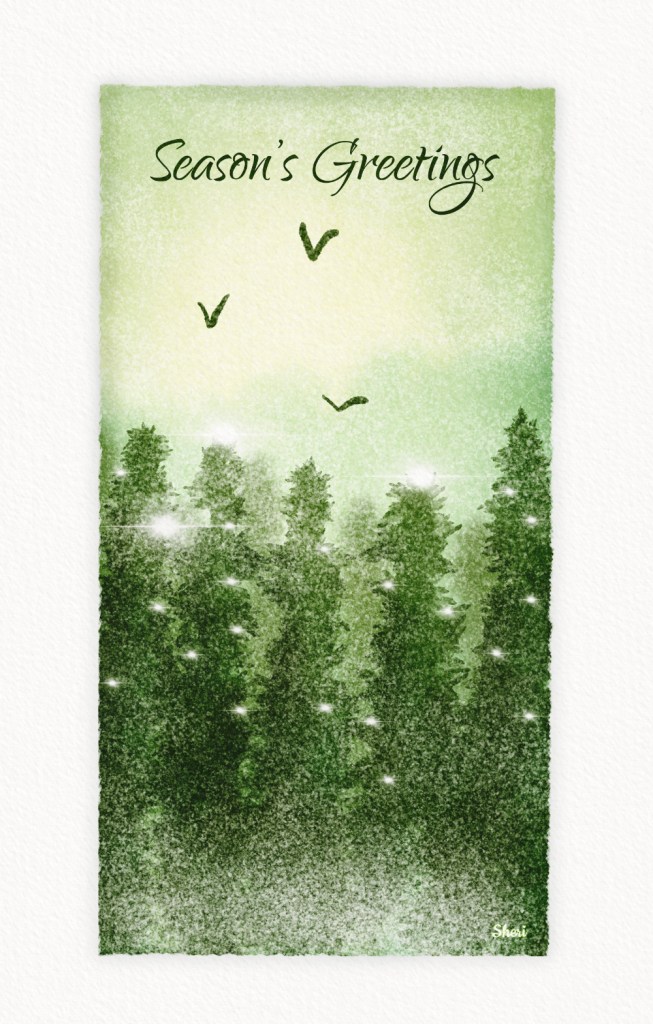Watercolor of evergreen forest in misty snow with twinkles of lights in the pine branches and Season’s Greetings as title