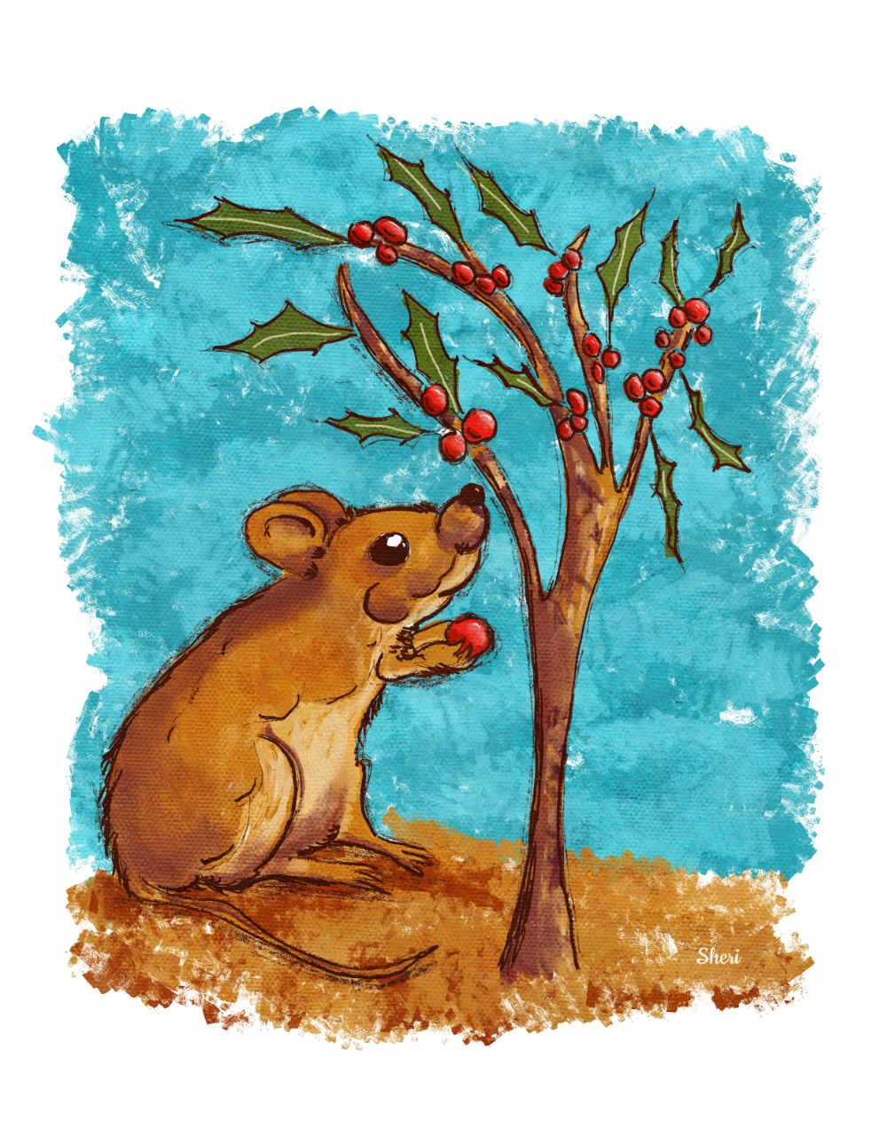 stylized little brown mouse by a berry bush holding a red berry