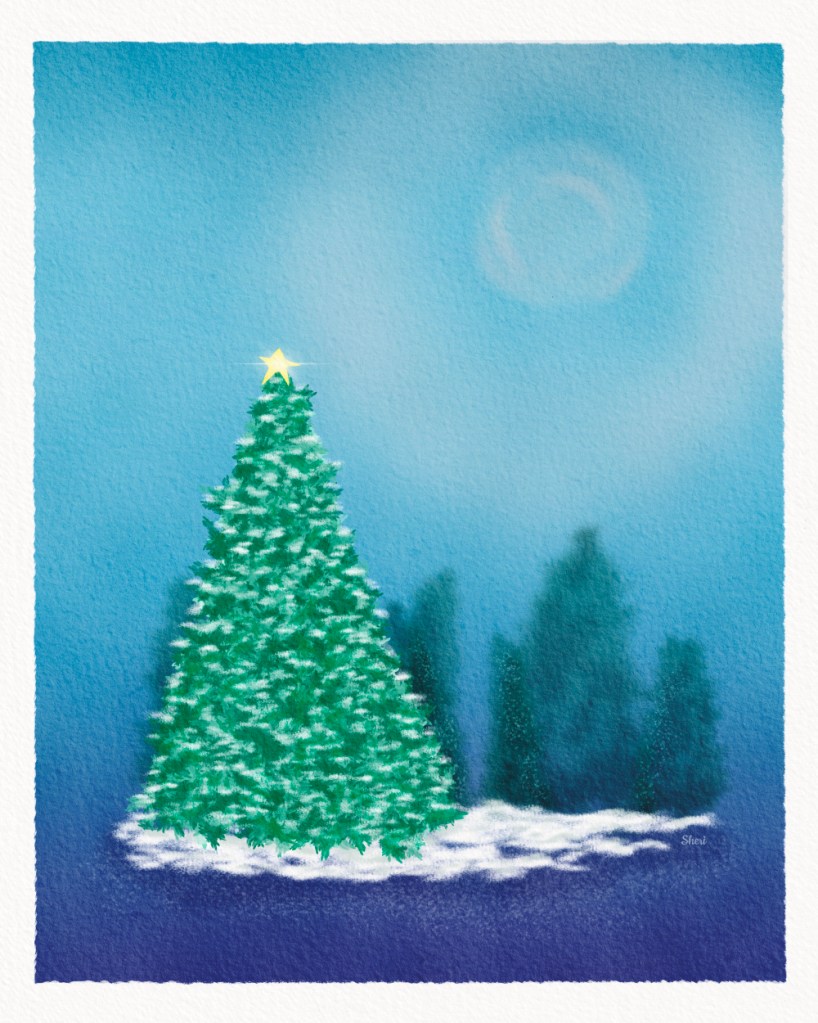 in the evergreen forest on a moonlit night, one snowy spruce tree stands out with a shining bright star