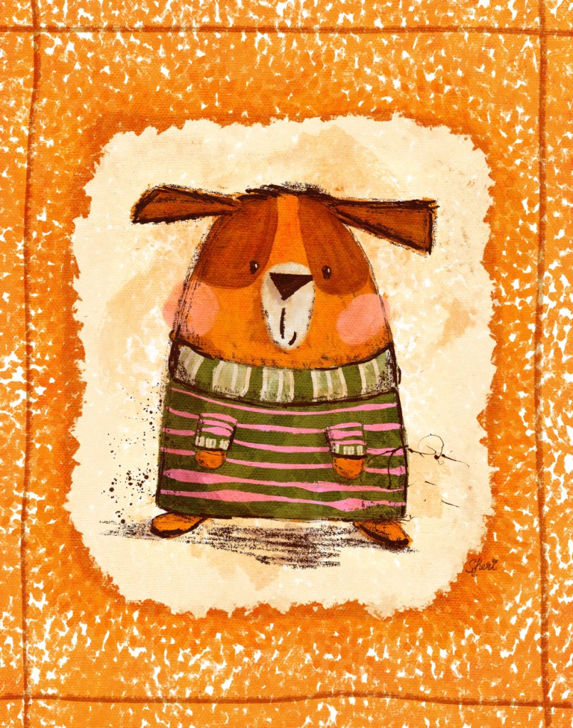 the first try-- stylized surprised dog in orange, brown, green