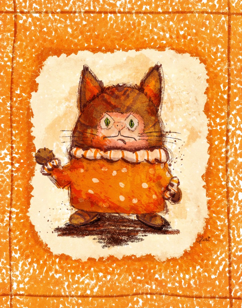 stylized ornery cat in oranges and browns