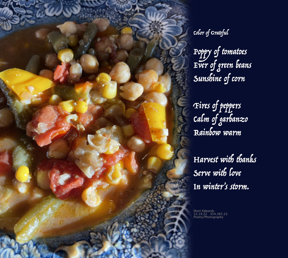 Curry vegetable soup of corn, peppers, green beans, tomatoes, garbanzo in a bowl of navy blue etched in white florals and foliage.