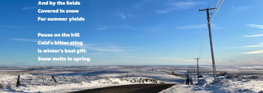 Winter, December, 2021: Grant County, WA Road V NE and Road 47NE in at the top of the hill of infinite snowy hills and fields
