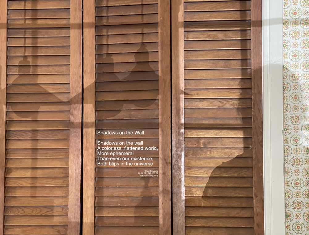 Shadow of hanging lamps and a person on a louvred door and yellow / orange designed kitchen wallpaper