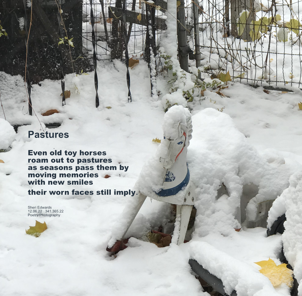 Old toy horse peeking out through freshly fallen snow, abandoned by old fencing with a spattering of yellow autumn leaves
