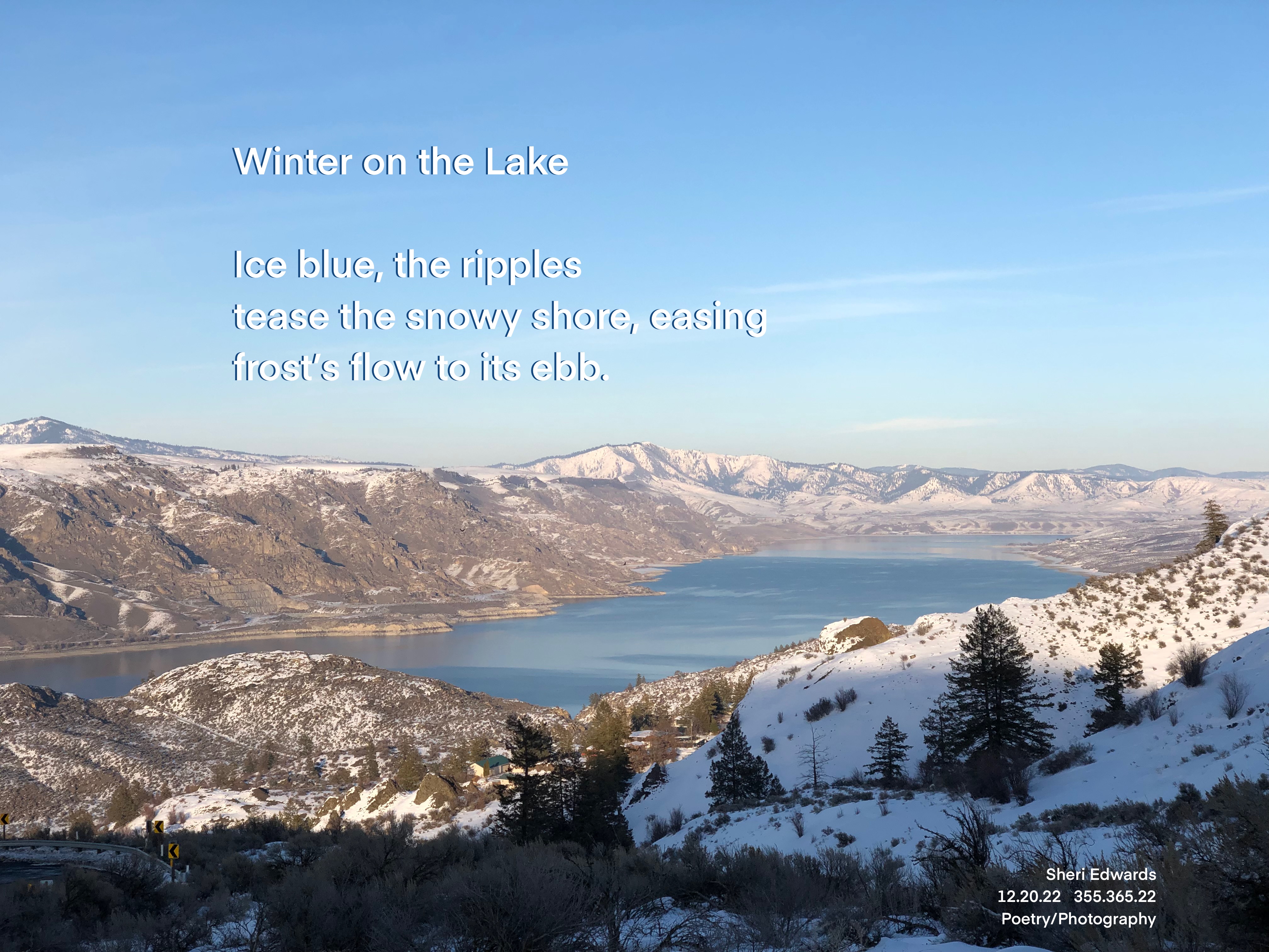 On a sunny winter day, this winding road provides beautiful views of Lake Roosevelt, dotted with pine and sagebrush and covered with snow above the icy blue of the lake. Lake Roosevelt National Recreation Area from Almira Highway in winter with my haiku