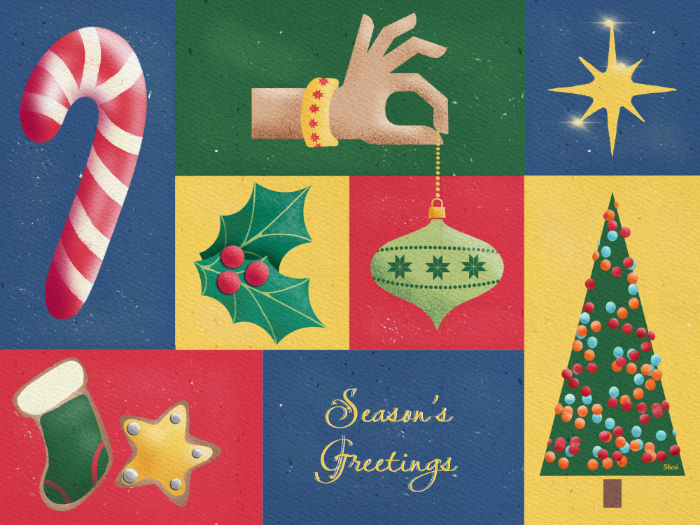 retro mid-century style winter illustration in squares and rectangles of winter colors with candy cane, stocking and star decorated cookie, hand dangling an ornament, holly and berries, holiday tree, star, and Season’s Greetings