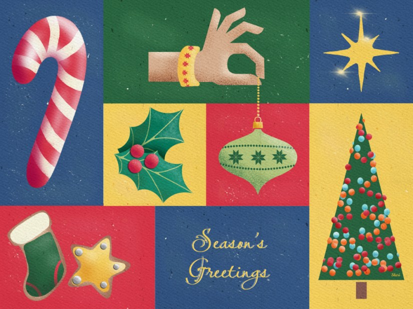 retro mid-century style winter illustration in squares and rectangles of winter colors with candy cane, stocking and star decorated cookie, hand dangling an ornament, holly and berries, holiday tree, star, and Season’s Greetings