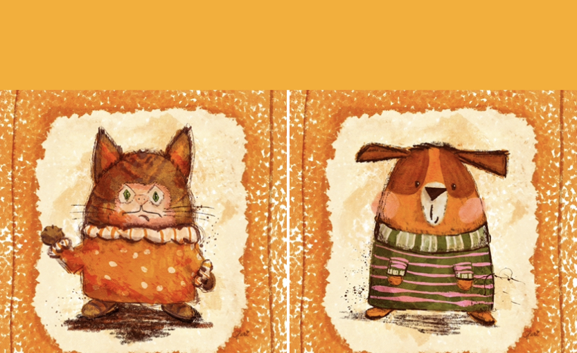 stylized dog with spots over eyes in striped sweater greens, oranges, pink, and brown and stylized grouchy cat with claws out on upheld paw in polka dot sweater greens, oranges, pink, and brown