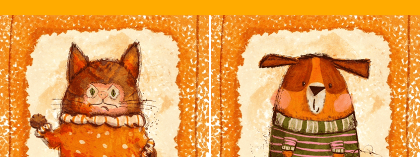 stylized dog with spots over eyes in striped sweater greens, oranges, pink, and brown and stylized grouchy cat with claws out on upheld paw in polka dot sweater greens, oranges, pink, and brown