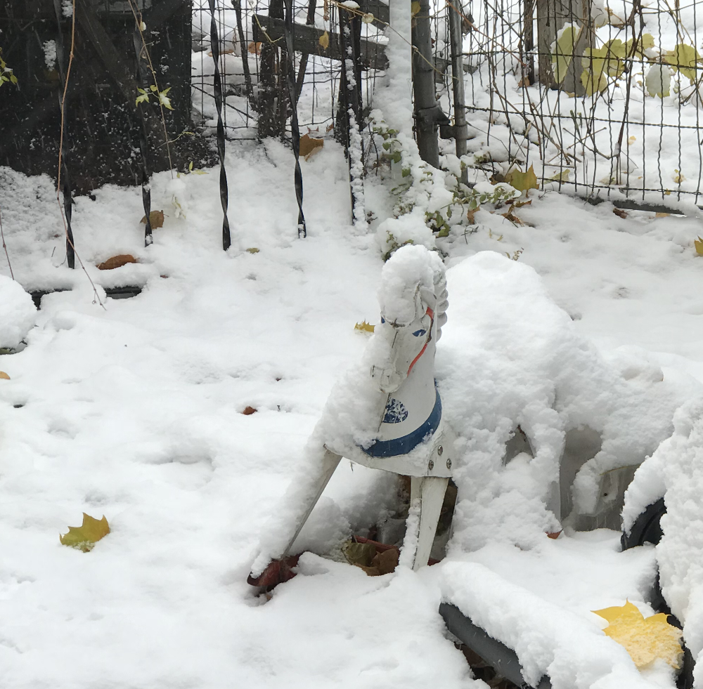 Old toy horse peeking out through freshly fallen snow, abandoned by old fencing with a spattering of yellow autumn leaves