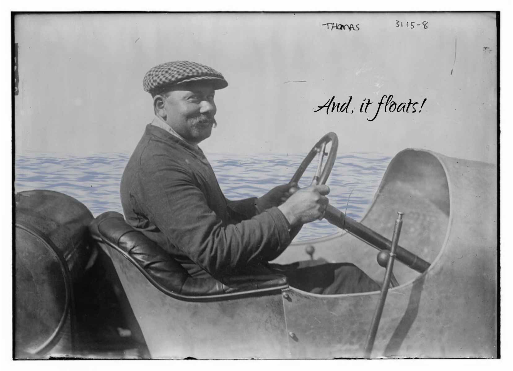 B/W Vintage photo of man in tin car— in the ocean “And, it floats!”