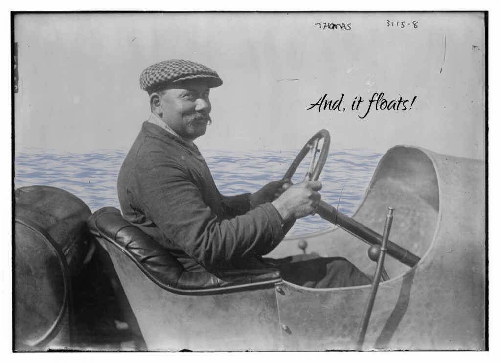 B/W Vintage photo of man in tin car— in the ocean “And, it floats!”