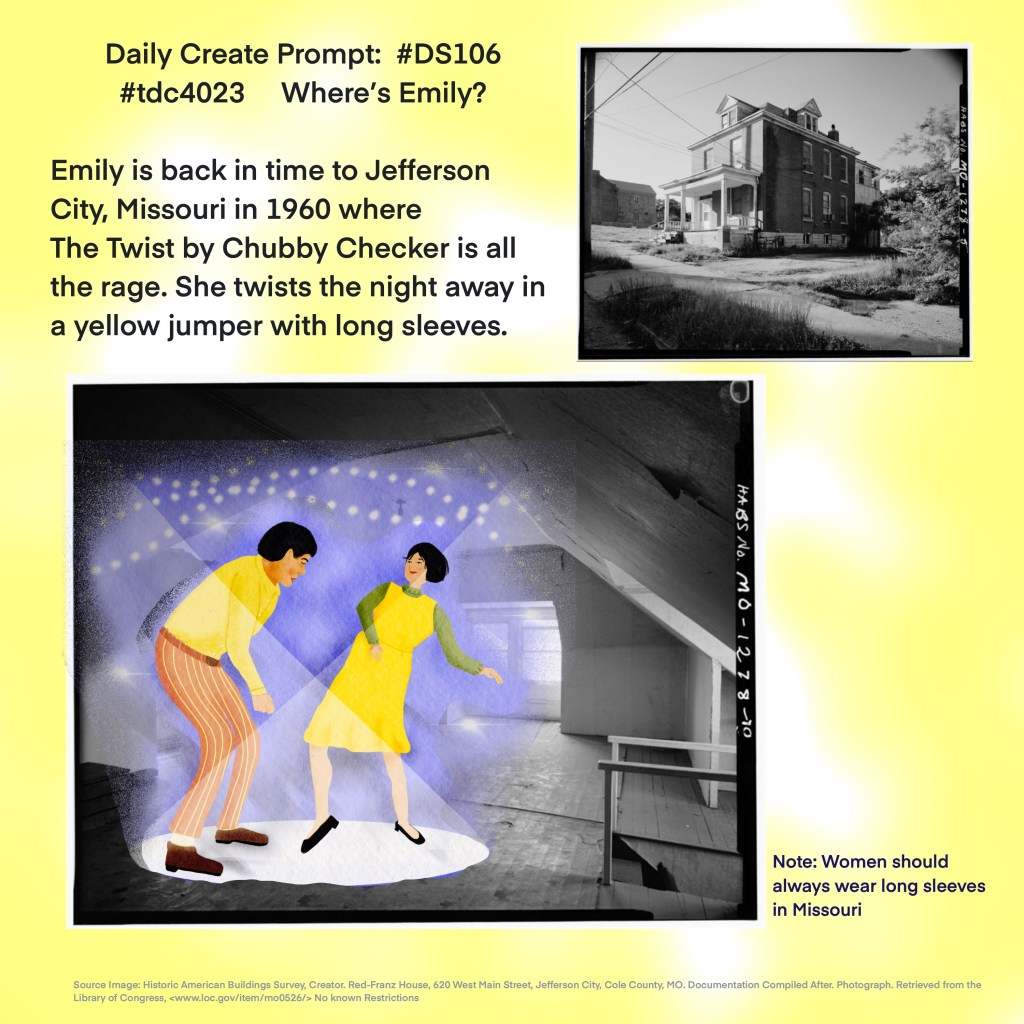 Man and woman dancing the twist in an an old building