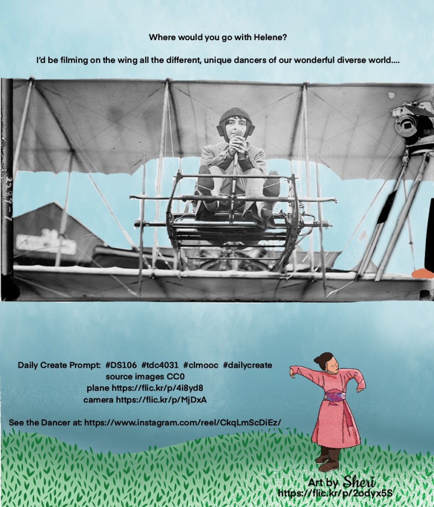Helene flying the plane with a camera on the wing over an illustration of a dancer in pink enjoying her folk dancing in a grassy field