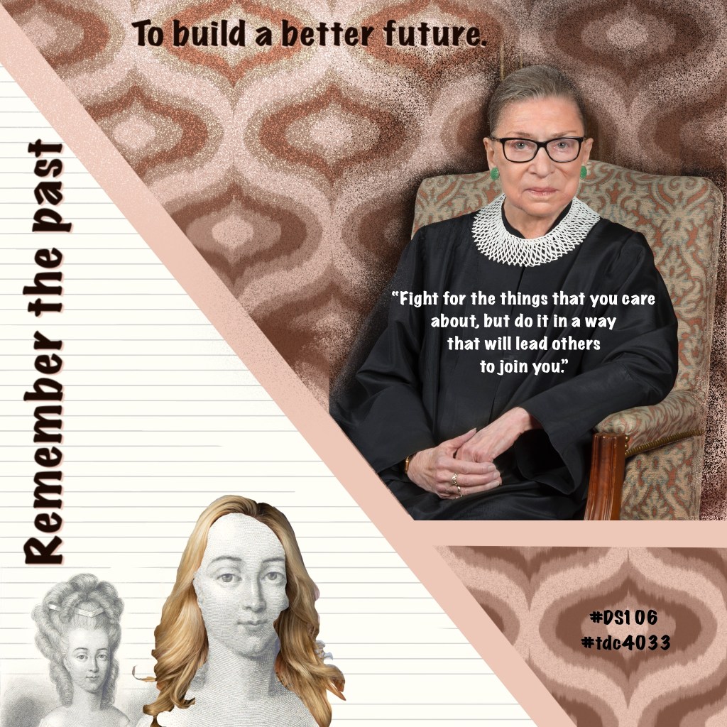 Marie Antoinette with Marg hair replaced by Ruth Bader Ginsburg who said “Fight for the things that you care about, but do it in a way that will lead other to join you.” Remember the past to build a better future.