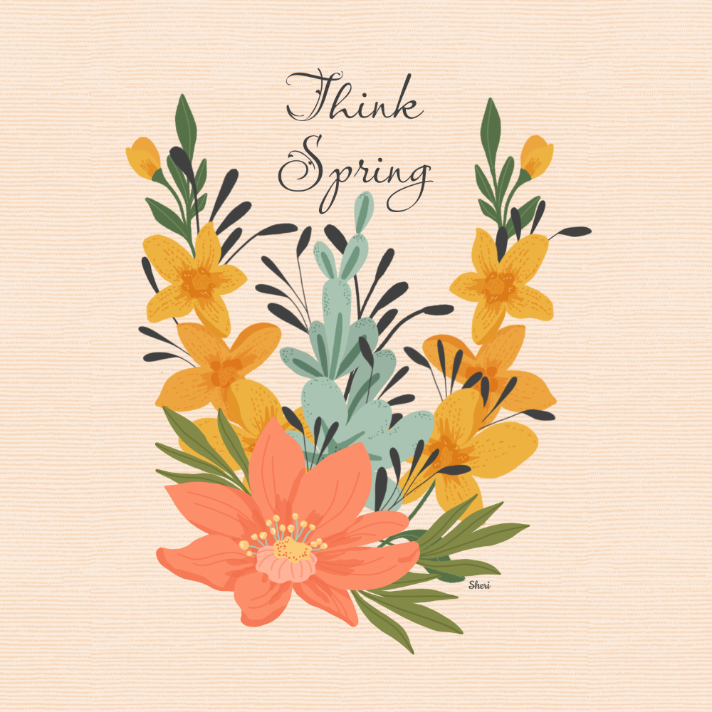 illustrated bouquet of flat florals with “Think Spring”