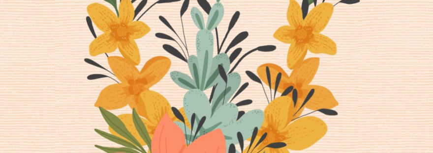 illustrated bouquet of flat florals with “Think Spring”