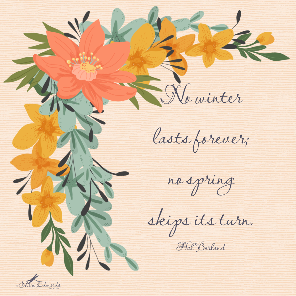 Flower bouquet in peach, yellow, and blue with the quote “No winter lasts forever; no spring skips its turn.~ Hal Borland”