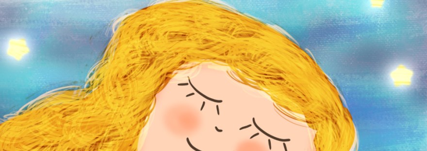 a wavy haired girl in dress with strawberries in a dream with stars and blue wispy sky