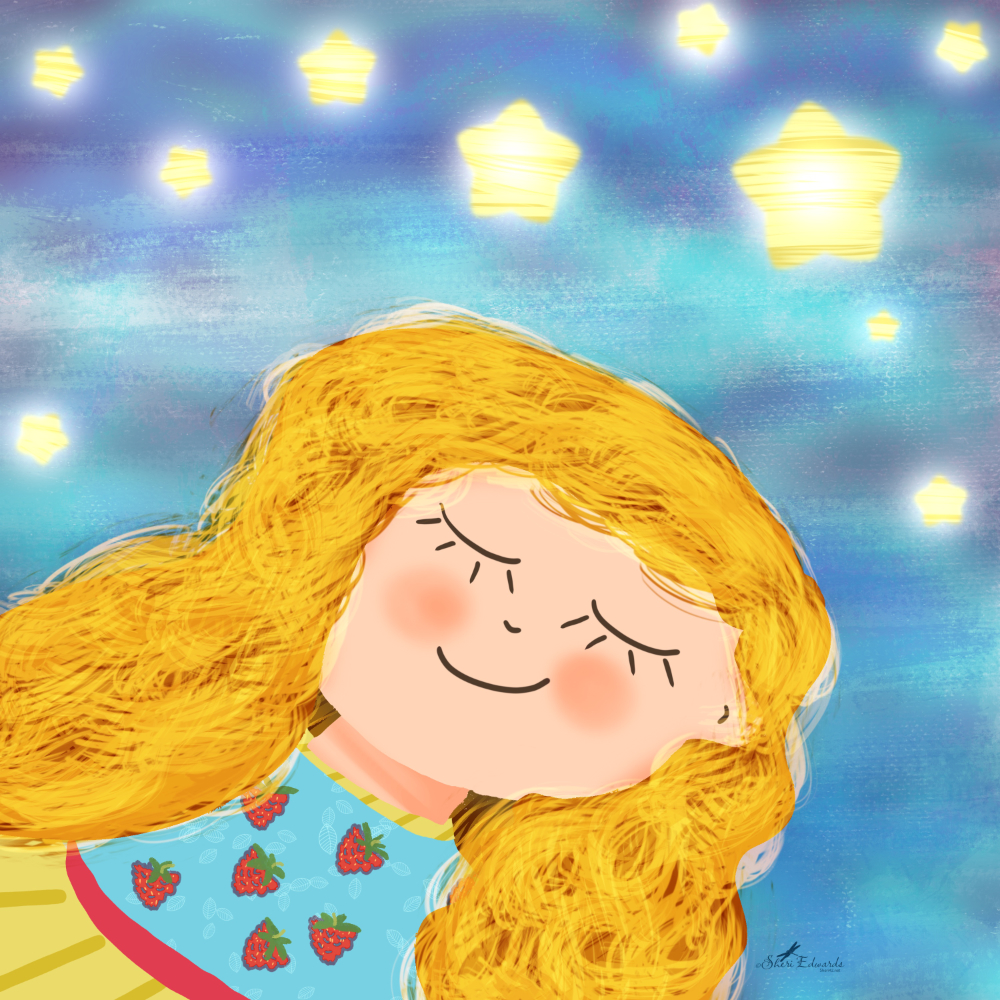 a wavy haired girl in dress with strawberries in a dream with stars and blue wispy sky