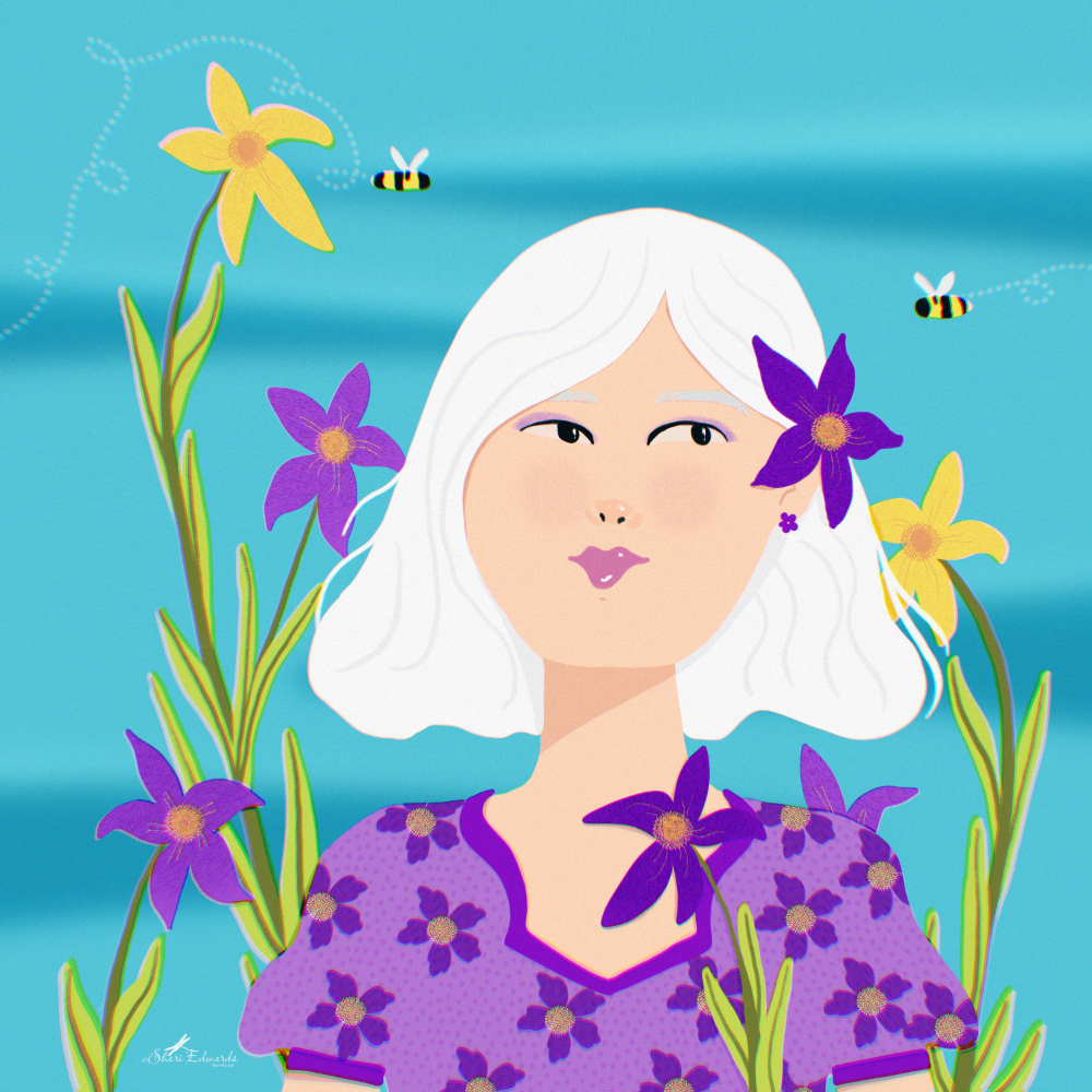 woman with white hair held back on one side with a purple flower is dressed in flowered purple dress standing in tall flowers of yellow and purple with two bees flying above